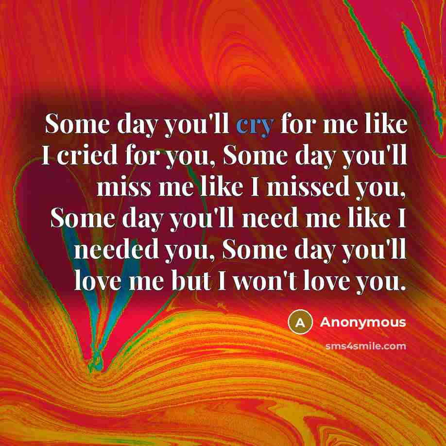 “Some day you'll cry for me like I cried for…” quote by Anonymous