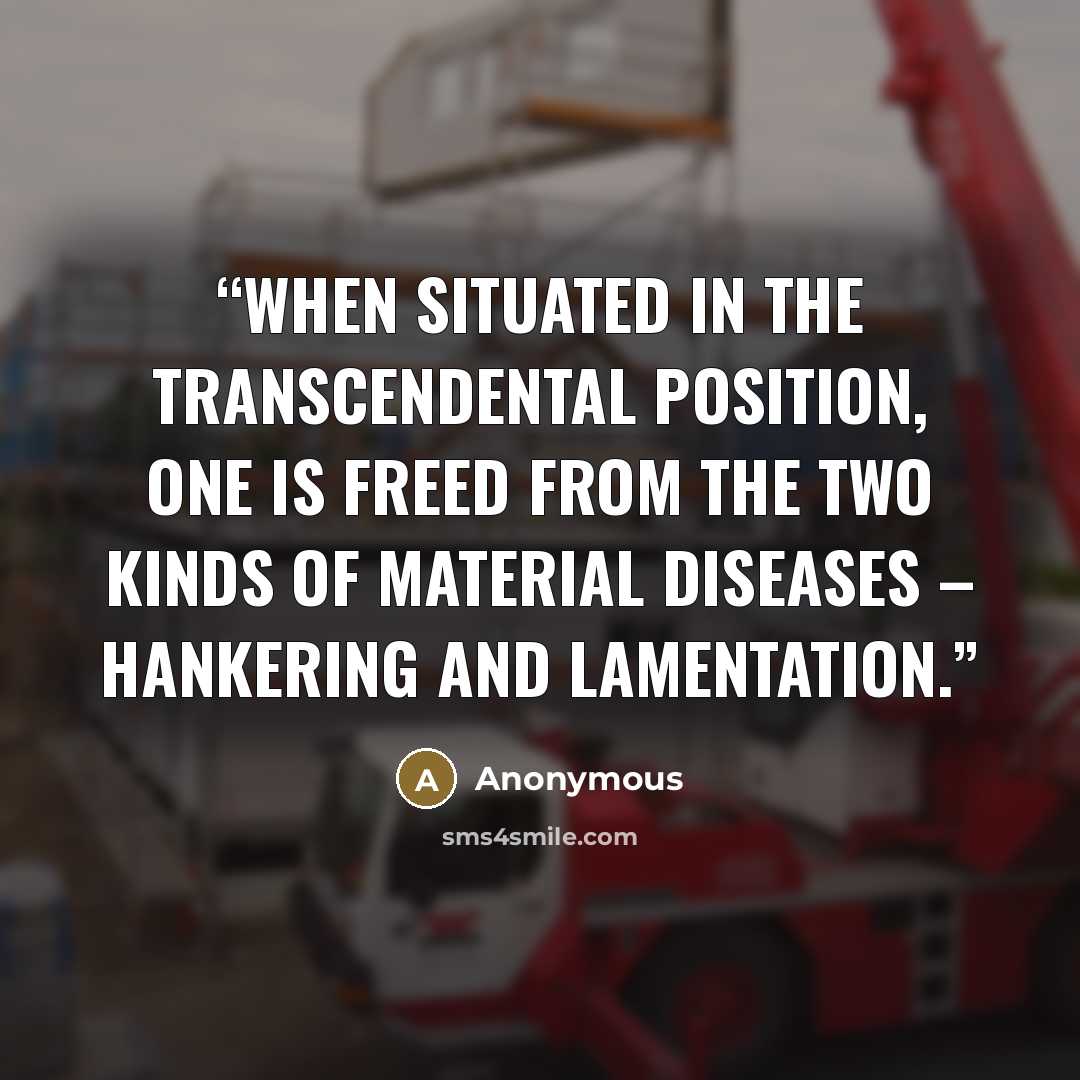 “When situated in the transcendental position, one is freed from the two kinds of material diseases – hankering and lamentation.” quote by Anonymous
