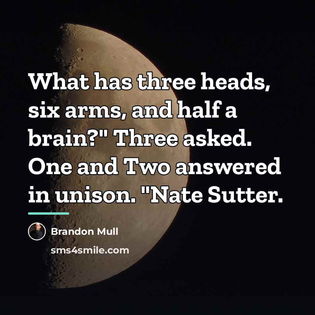“What has three heads, six arms, and half a brain?"…” quote by Brandon Mull