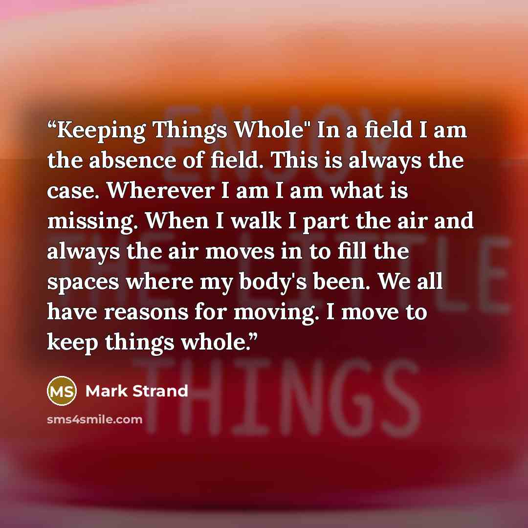 “Keeping Things Whole" In a field I am the absence of field. This is always the case. Wherever I am I am what is missing. When I walk I part the air and always the air moves in to fill the spaces where my body's been. We all have reasons for moving. I move to keep things whole.” quote by Mark Strand