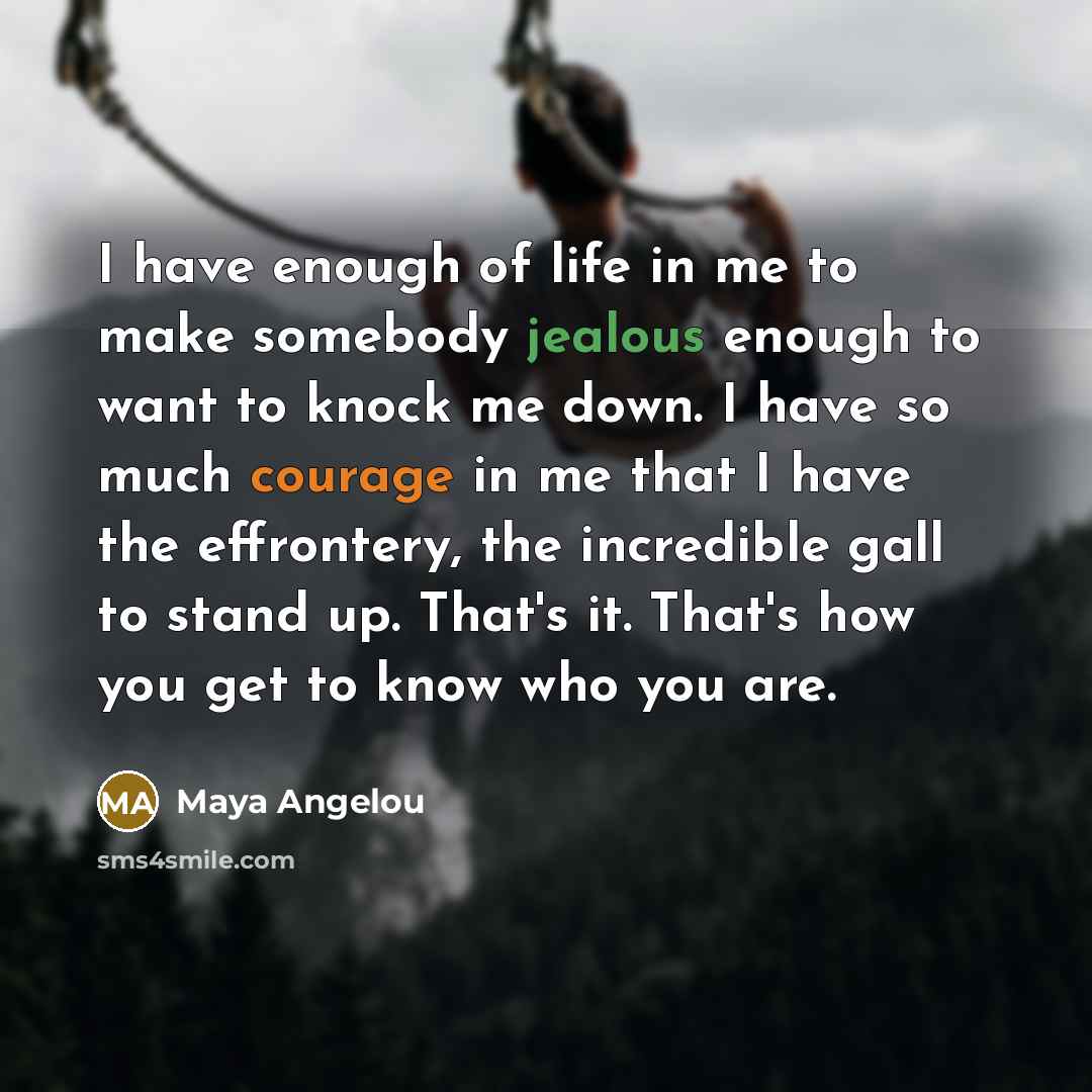 “I have enough of life in me to make somebody jealous enough to want to knock me down. I have so much courage in me that I have the effrontery, the incredible gall to stand up. That's it. That's how you get to know who you are.” quote by Maya Angelou