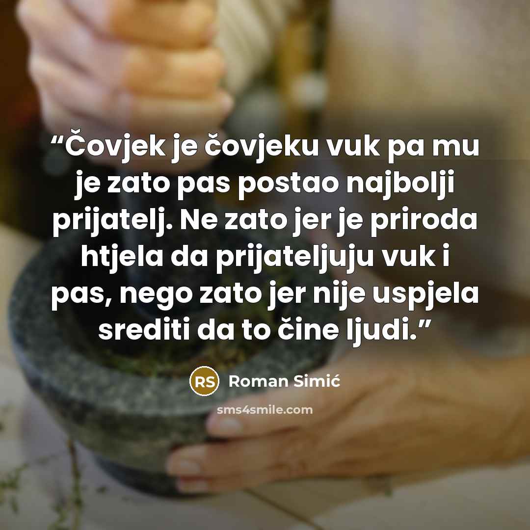 “Čovjek je čovjeku vuk pa mu je zato pas postao najbolji prijatelj. Ne zato jer je priroda htjela da prijateljuju vuk i pas, nego zato jer nije uspjela srediti da to čine ljudi.” quote by Roman Simić