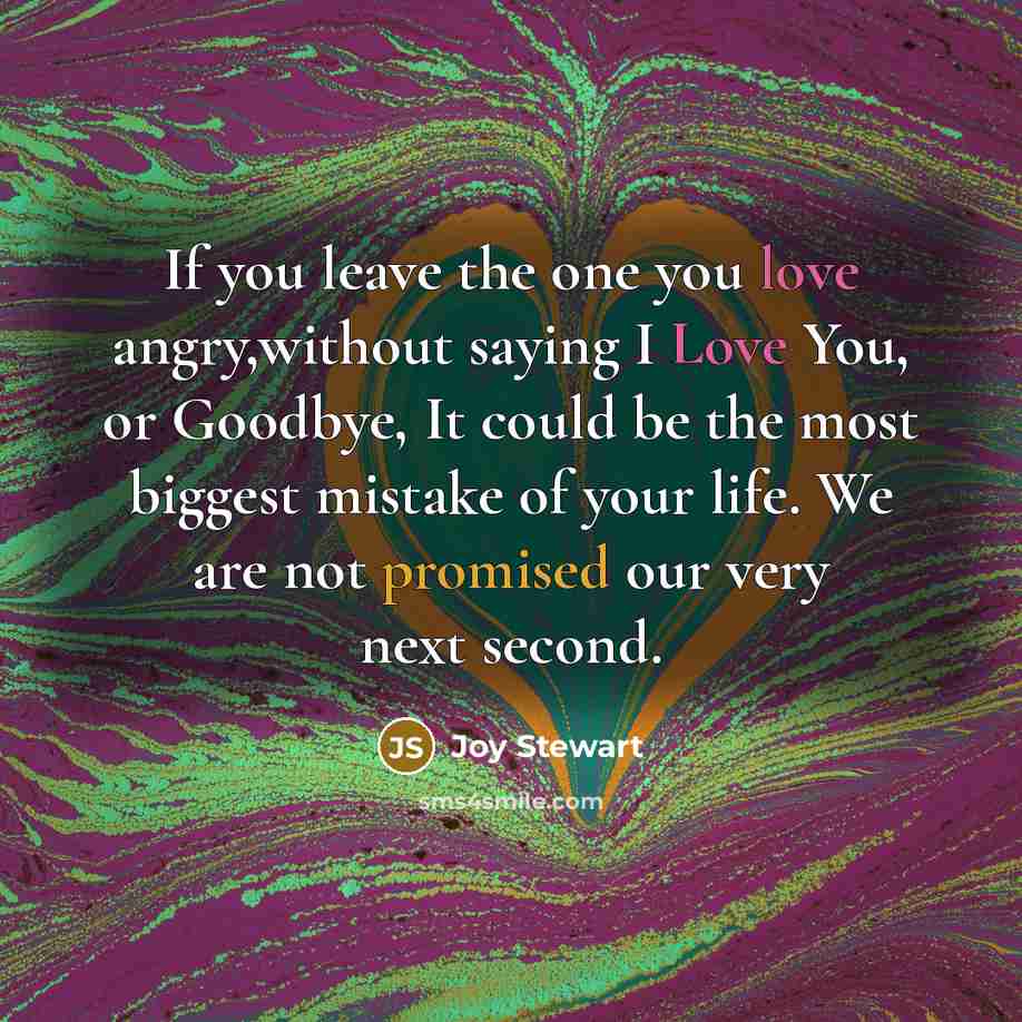“If you leave the one you love angry,without saying I Love You, or Goodbye, It could be the most biggest mistake of your life. We are not promised our very next second.” quote by Joy Stewart
