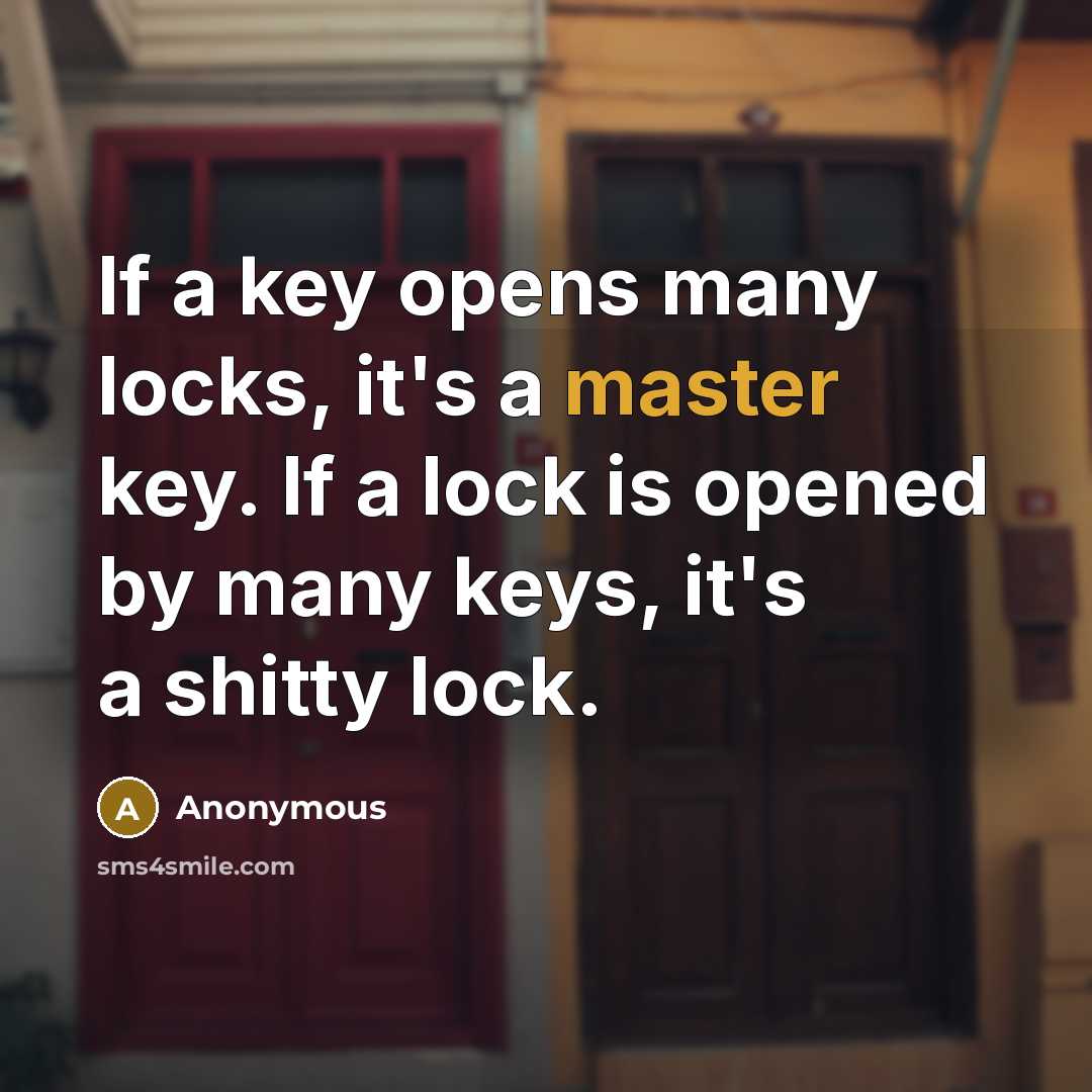“If a key opens many locks, it's a master key. If a lock is opened by many keys, it's a shitty lock.” quote by Anonymous