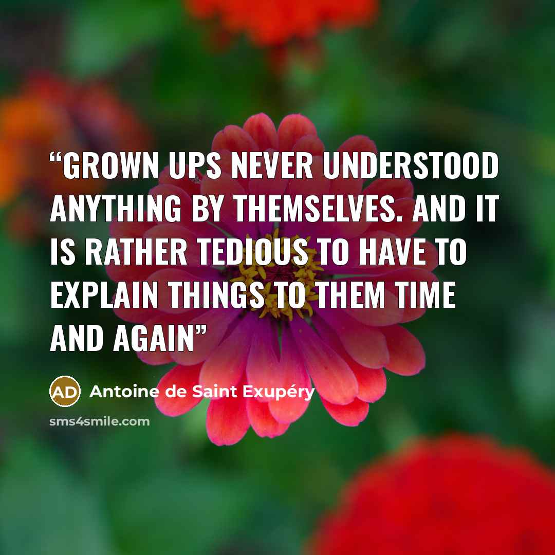“Grown ups never understood anything by themselves. And it is rather tedious to have to explain things to them time and again” quote by Antoine de Saint Exupéry