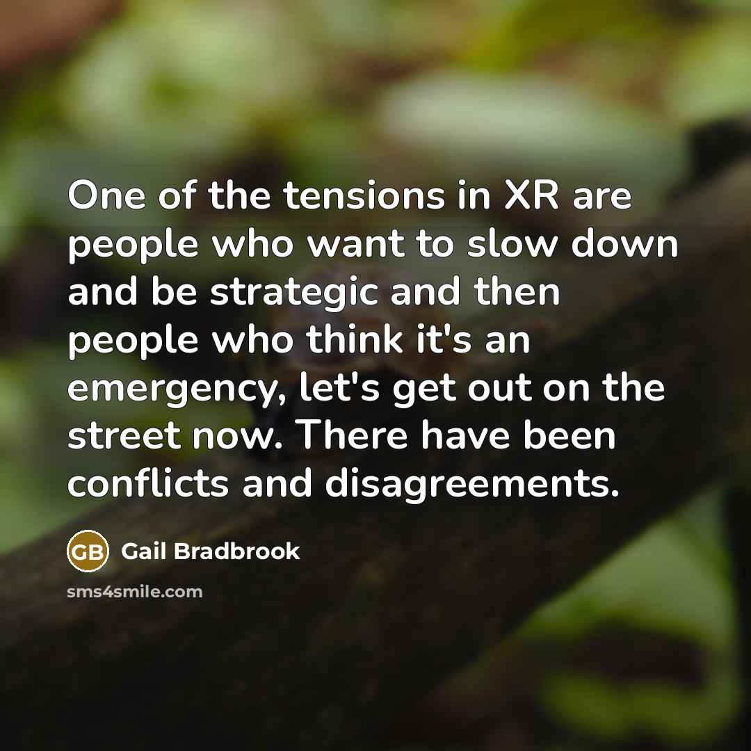 “One of the tensions in XR are people who want to slow down and be strategic and then people who think it's an emergency, let's get out on the street now. There have been conflicts and disagreements.” quote by Gail Bradbrook