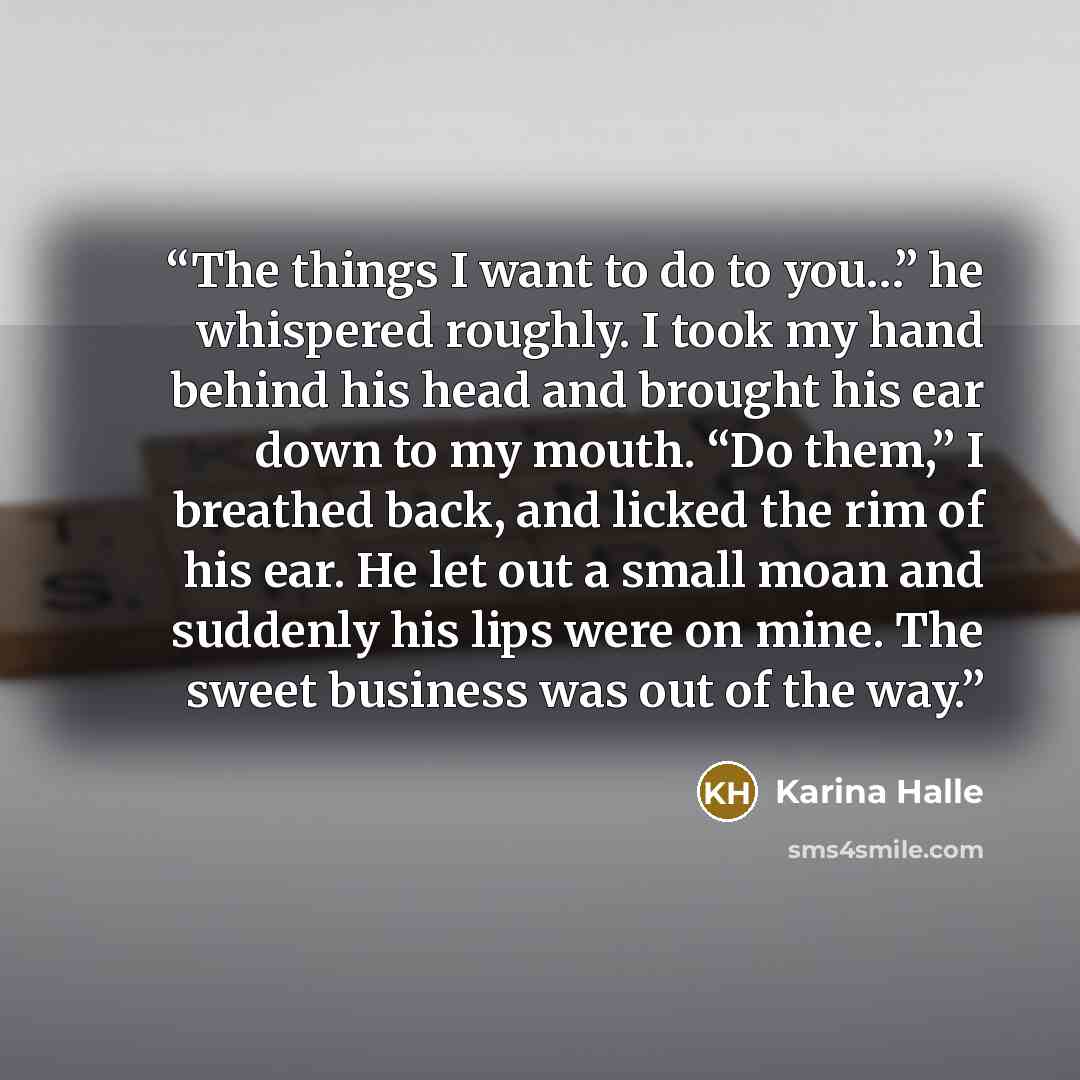 “The things I want to do to you…” he whispered roughly. I took my hand behind his head and brought his ear down to my mouth. “Do them,” I breathed back, and licked the rim of his ear. He let out a small moan and suddenly his lips were on mine. The sweet business was out of the way.” quote by Karina Halle