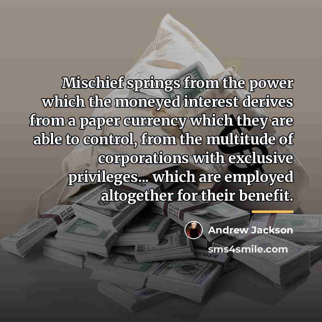 “Mischief springs from the power which the moneyed interest derives…” quote by Andrew Jackson