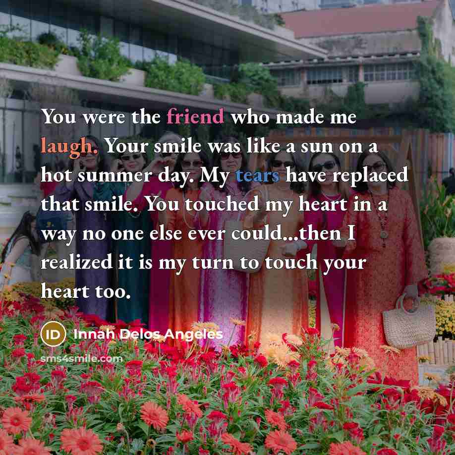 “You were the friend who made me laugh. Your smile was like a sun on a hot summer day. My tears have replaced that smile. You touched my heart in a way no one else ever could…then I realized it is my turn to touch your heart too.” quote by Innah Delos Angeles