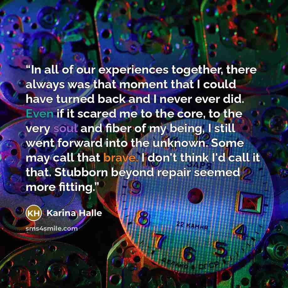 “In all of our experiences together, there always was that moment that I could have turned back and I never ever did. Even if it scared me to the core, to the very soul and fiber of my being, I still went forward into the unknown. Some may call that brave. I don't think I'd call it that. Stubborn…” quote by Karina Halle