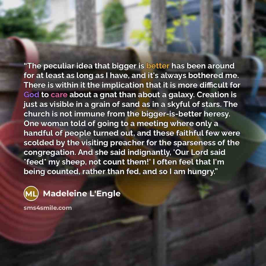“The peculiar idea that bigger is better has been around for at least as long as I have, and it's always bothered me. There is within it the implication that it is more difficult for God to care about a gnat than about a galaxy. Creation is just as visible in a grain of sand as in a skyful of…” quote by Madeleine L'Engle