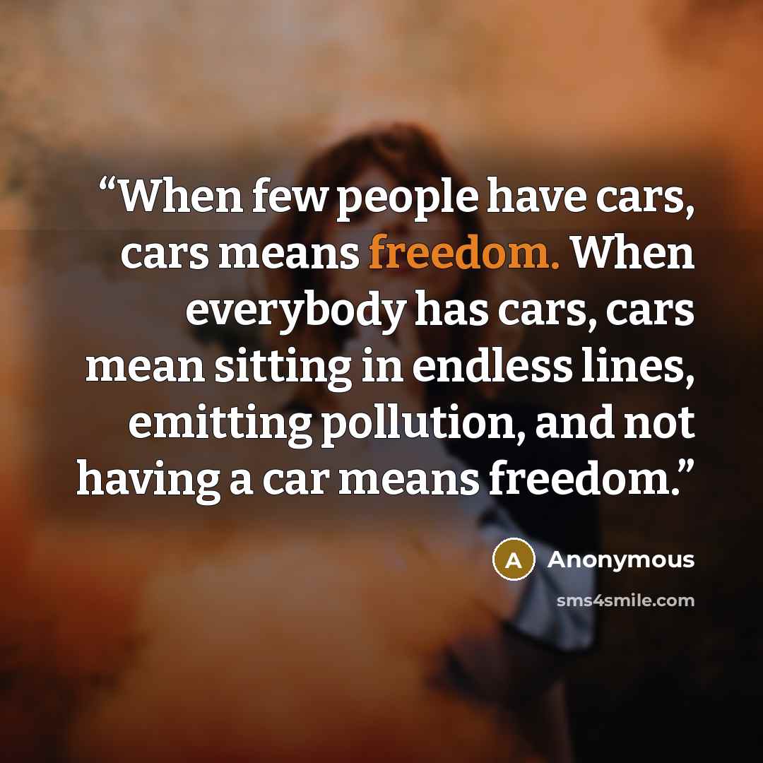 “When few people have cars, cars means freedom. When everybody has cars, cars mean sitting in endless lines, emitting pollution, and not having a car means freedom.” quote by Anonymous