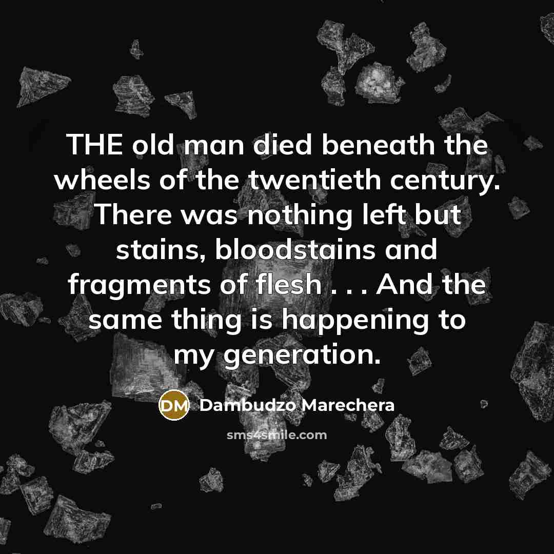 “THE old man died beneath the wheels of the twentieth century. There was nothing left but stains, bloodstains and fragments of flesh . . . And the same thing is happening to my generation.” quote by Dambudzo Marechera