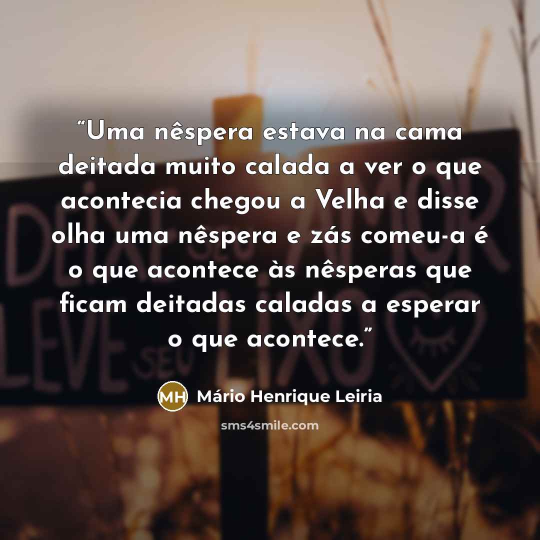 “Uma nêspera estava na cama deitada muito calada a ver o que acontecia chegou a Velha e disse olha uma nêspera e zás comeu-a é o que acontece às nêsperas que ficam deitadas caladas a esperar o que acontece.” quote by Mário Henrique Leiria