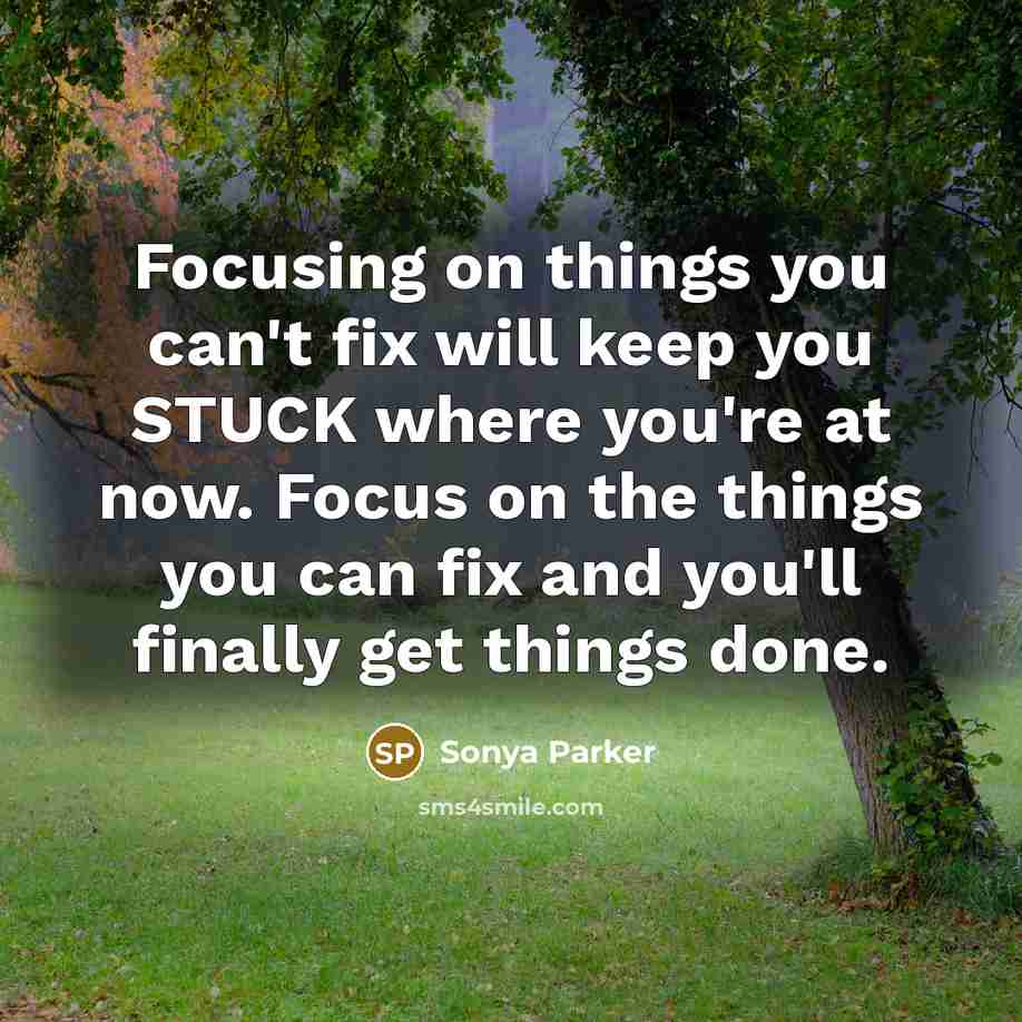 “Focusing on things you can't fix will keep you STUCK…” quote by Sonya Parker