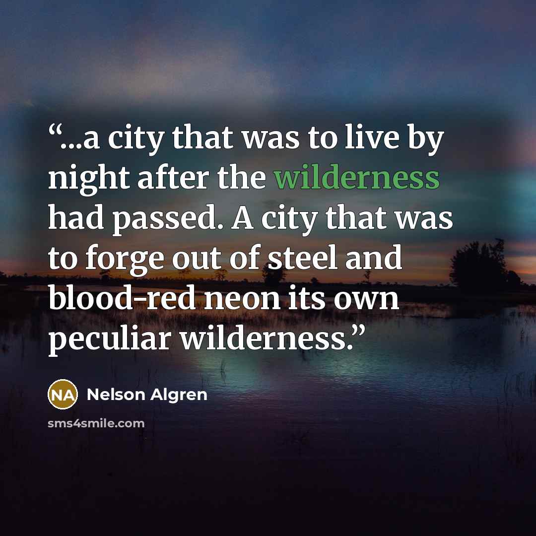 “...a city that was to live by night after the wilderness had passed. A city that was to forge out of steel and blood-red neon its own peculiar wilderness.” quote by Nelson Algren