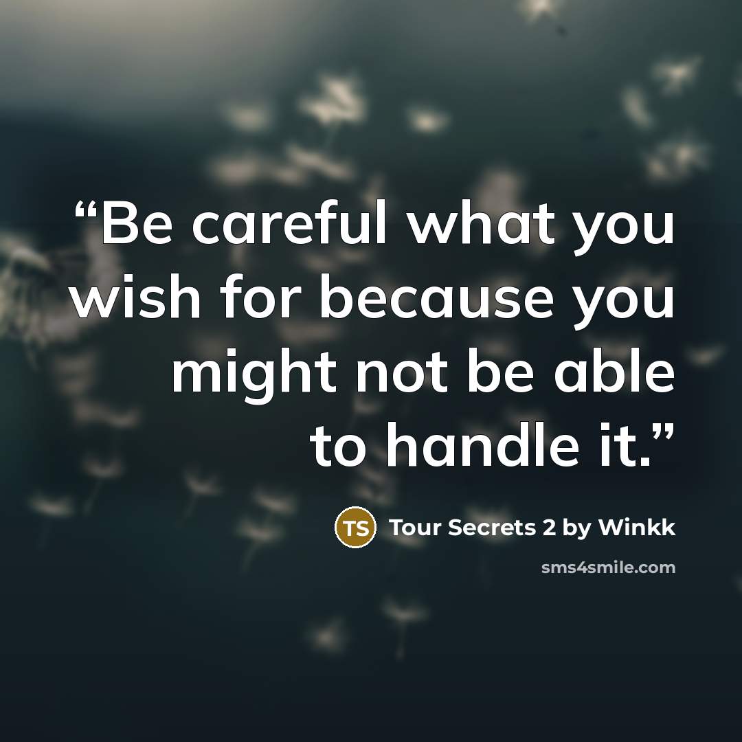 “Be careful what you wish for because you might not be able to handle it.” quote by Tour Secrets 2 by Winkk
