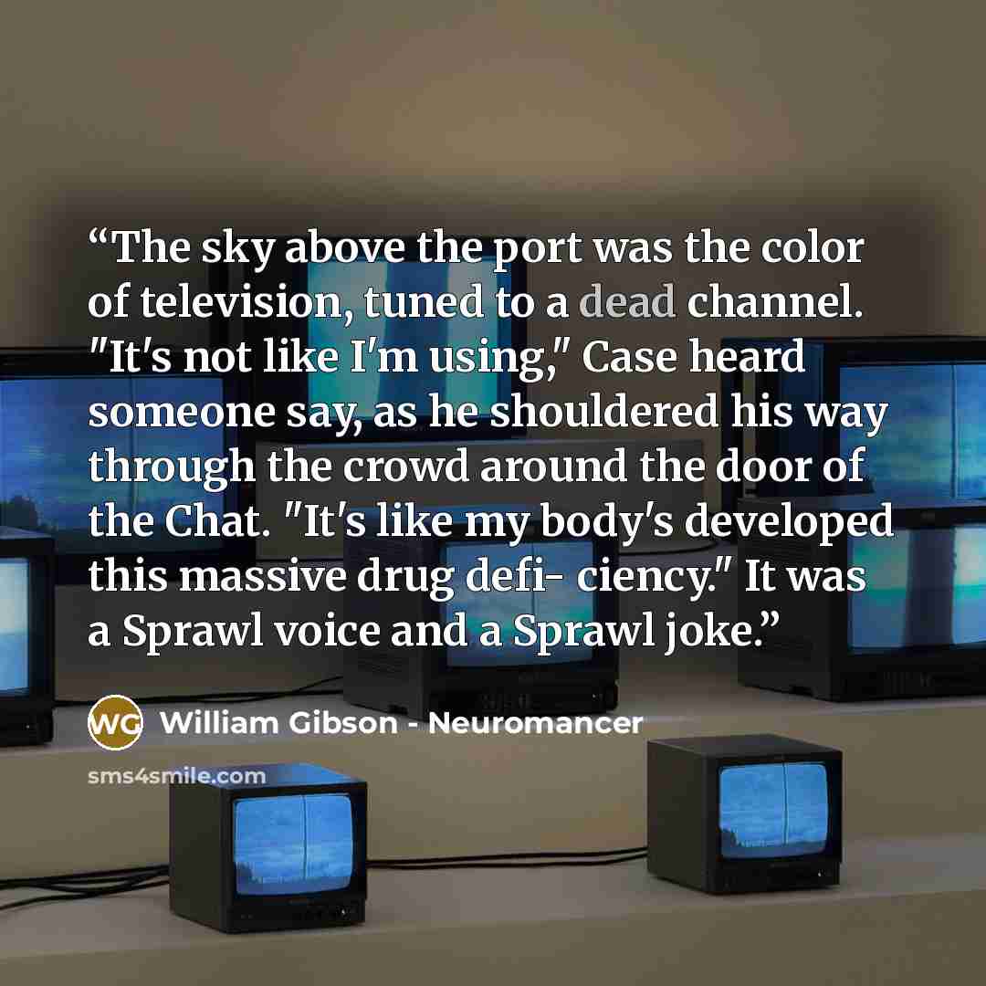 “The sky above the port was the color of television, tuned to a dead channel. "It's not like I'm using," Case heard someone say, as he shouldered his way through the crowd around the door of the Chat. "It's like my body's developed this massive drug defi- ciency." It was a Sprawl voice and a Sprawl…” quote by William Gibson - Neuromancer
