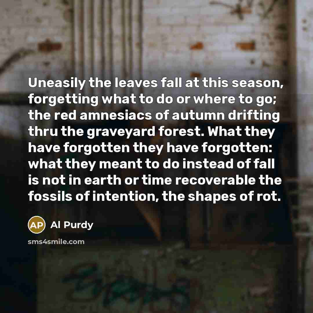 “Uneasily the leaves fall at this season, forgetting what to…” quote by Al Purdy