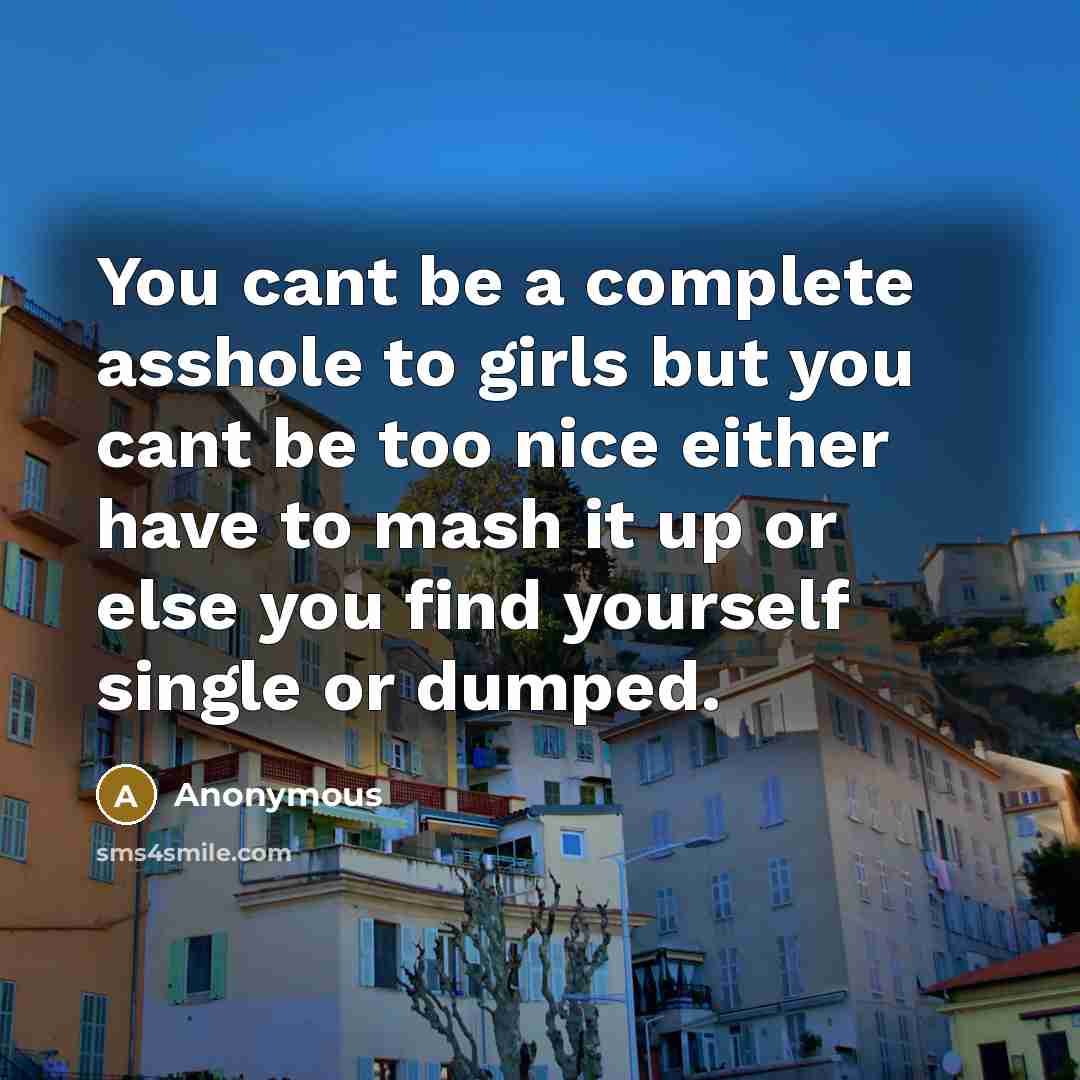 “You cant be a complete asshole to girls but you cant be too nice either have to mash it up or else you find yourself single or dumped.” quote by Anonymous