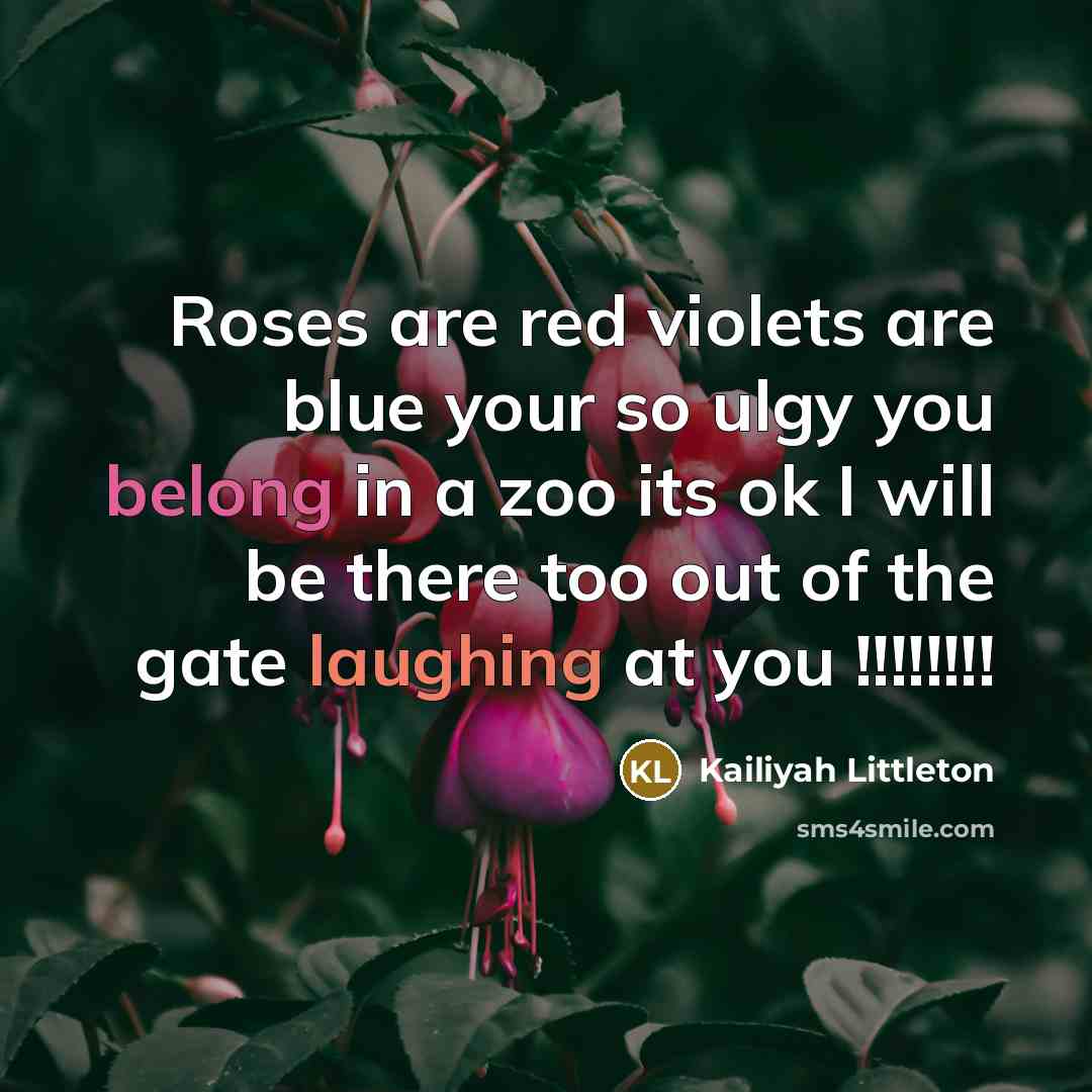 “Roses are red violets are blue your so ulgy you belong in a zoo its ok I will be there too out of the gate laughing at you !!!!!!!!” quote by Kailiyah Littleton