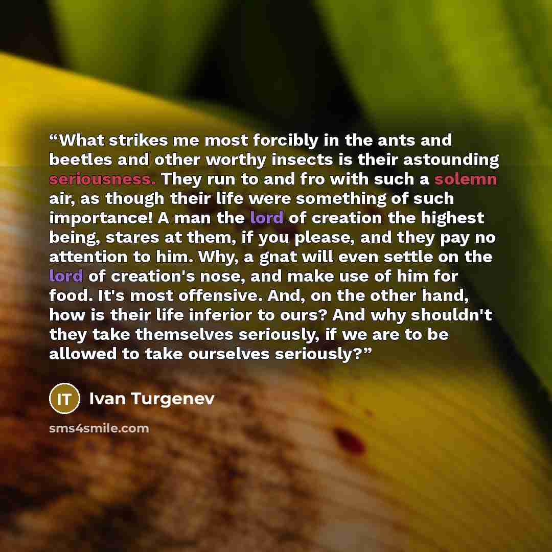 “What strikes me most forcibly in the ants and beetles and other worthy insects is their astounding seriousness. They run to and fro with such a solemn air, as though their life were something of such importance! A man the lord of creation the highest being, stares at them, if you please, and they…” quote by Ivan Turgenev