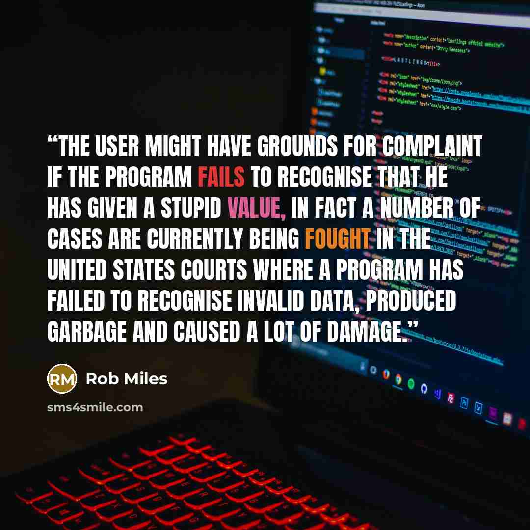 “The user might have grounds for complaint if the program fails to recognise that he has given a stupid value, in fact a number of cases are currently being fought in the United States courts where a program has failed to recognise invalid data, produced garbage and caused a lot of damage.” quote by Rob Miles