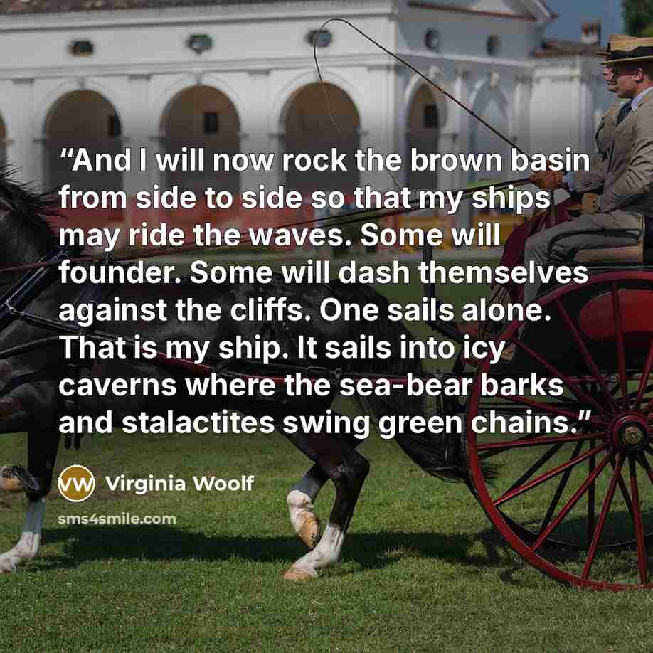 “And I will now rock the brown basin from side to side so that my ships may ride the waves. Some will founder. Some will dash themselves against the cliffs. One sails alone. That is my ship. It sails into icy caverns where the sea-bear barks and stalactites swing green chains.” quote by Virginia Woolf