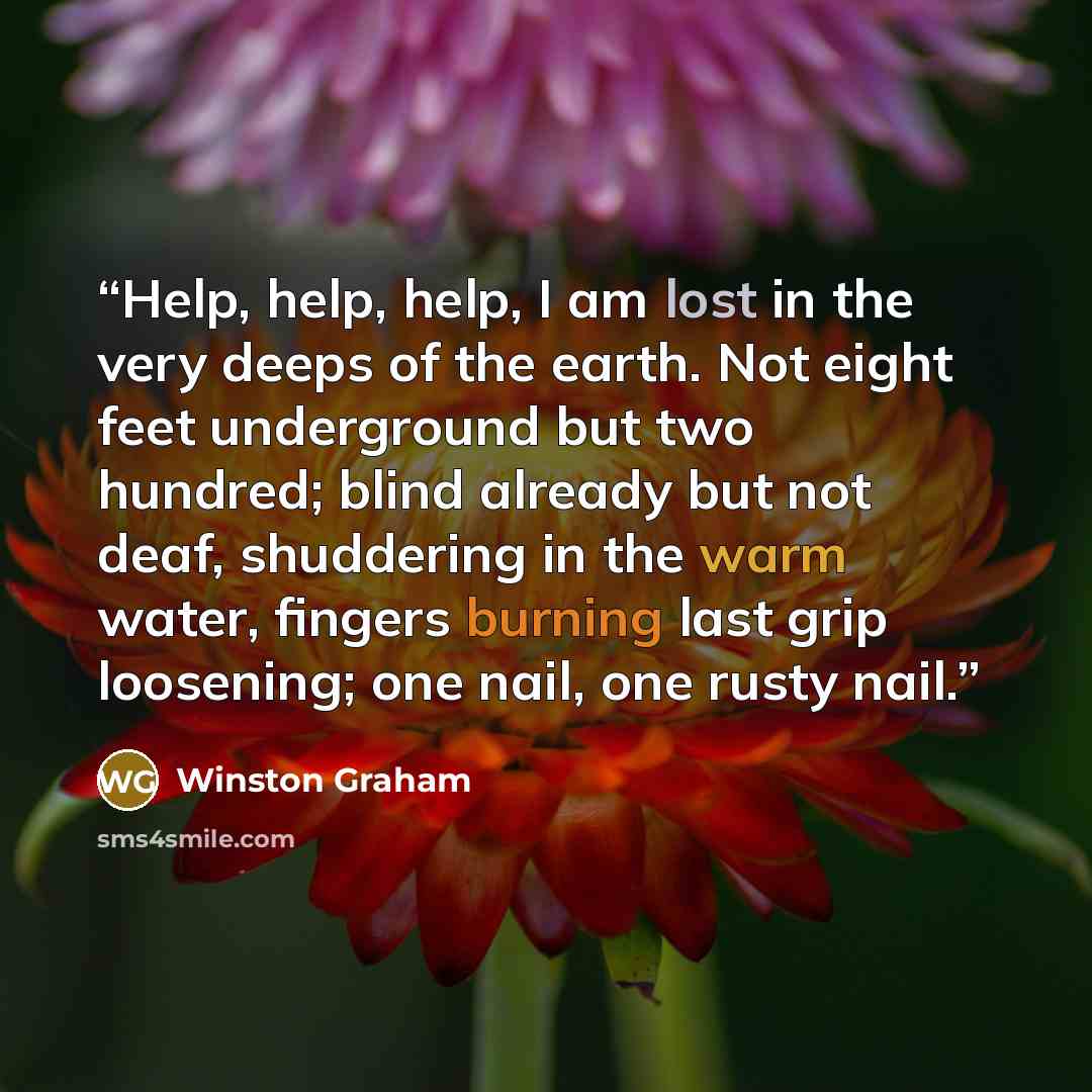 “Help, help, help, I am lost in the very deeps of the earth. Not eight feet underground but two hundred; blind already but not deaf, shuddering in the warm water, fingers burning last grip loosening; one nail, one rusty nail.” quote by Winston Graham