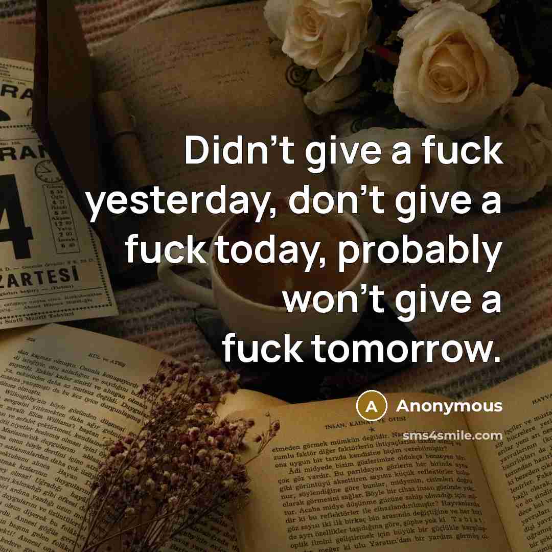 “Didn't give a fuck yesterday, don't give a fuck today,…” quote by Anonymous