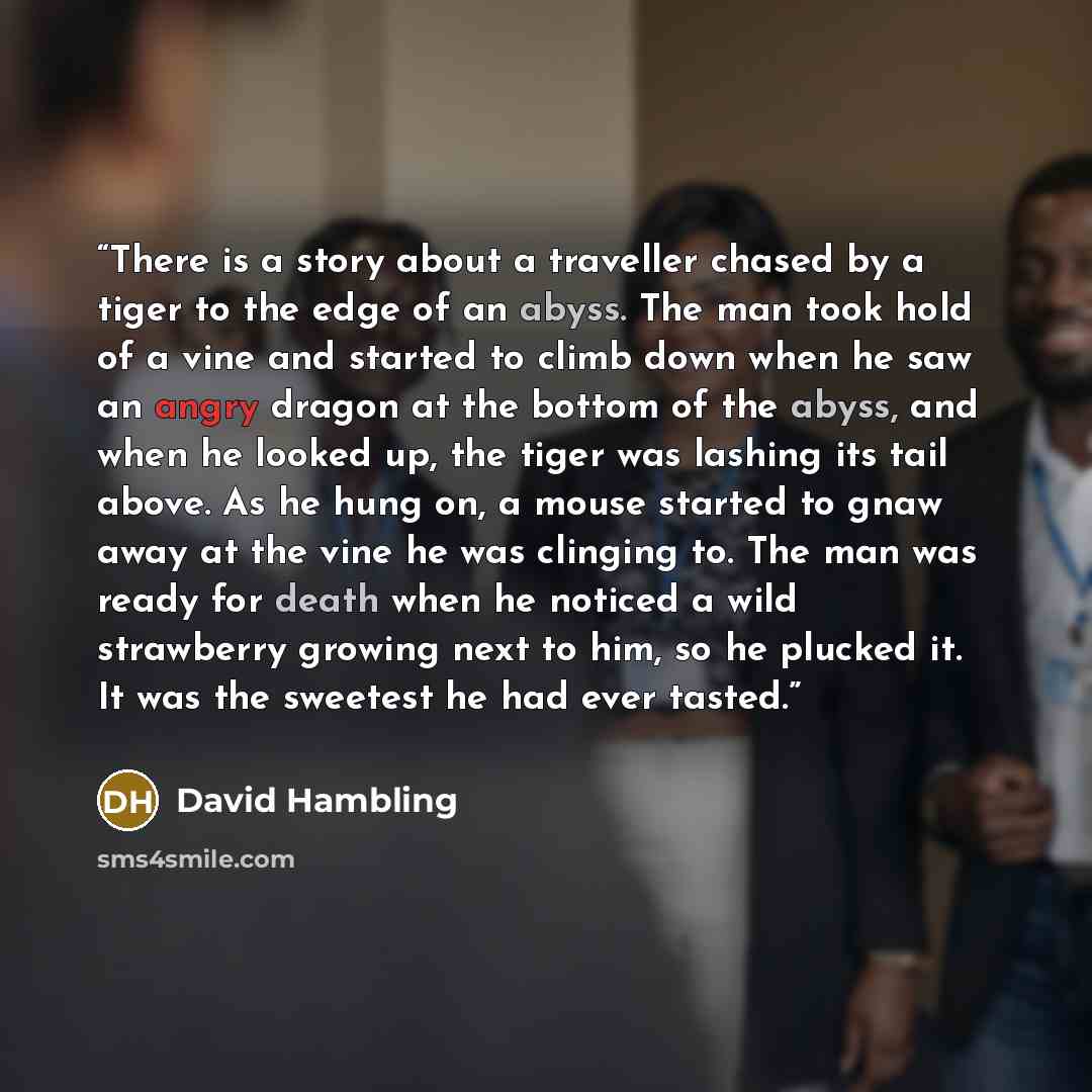“There is a story about a traveller chased by a tiger to the edge of an abyss. The man took hold of a vine and started to climb down when he saw an angry dragon at the bottom of the abyss, and when he looked up, the tiger was lashing its tail above. As he hung on, a mouse started to gnaw away at…” quote by David Hambling