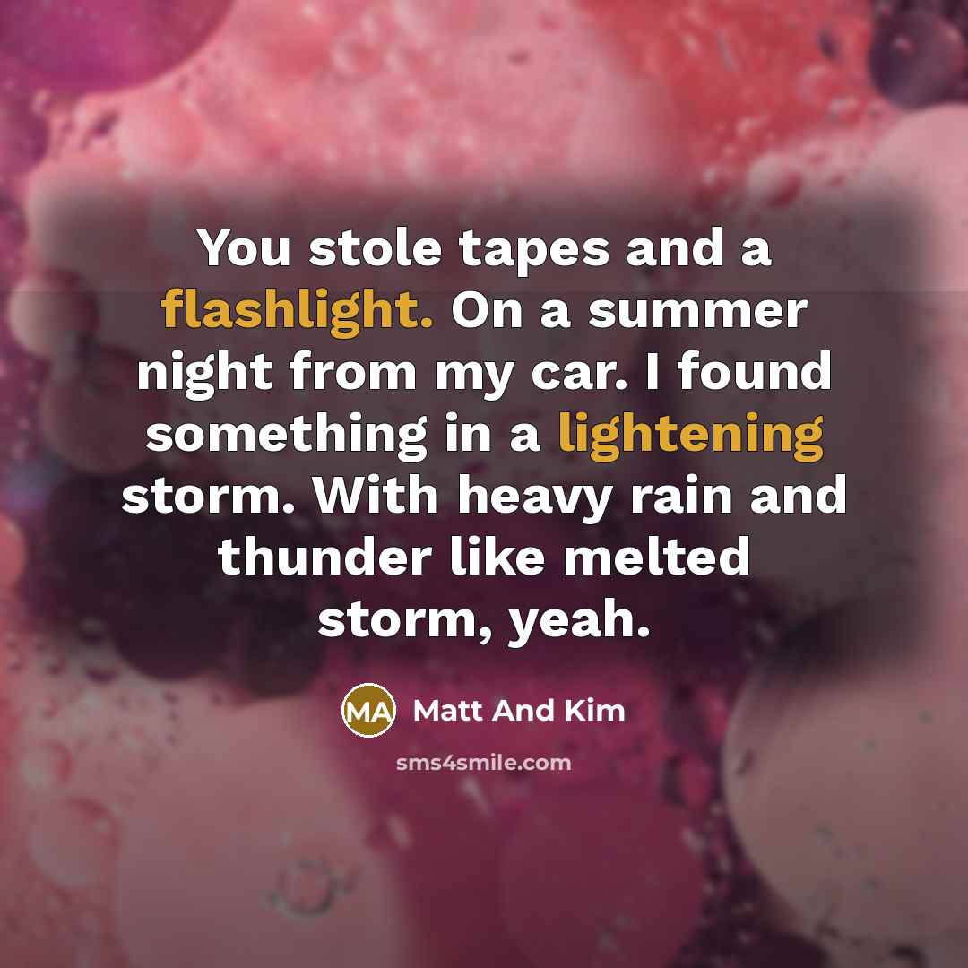 “You stole tapes and a flashlight. On a summer night from my car. I found something in a lightening storm. With heavy rain and thunder like melted storm, yeah.” quote by Matt And Kim
