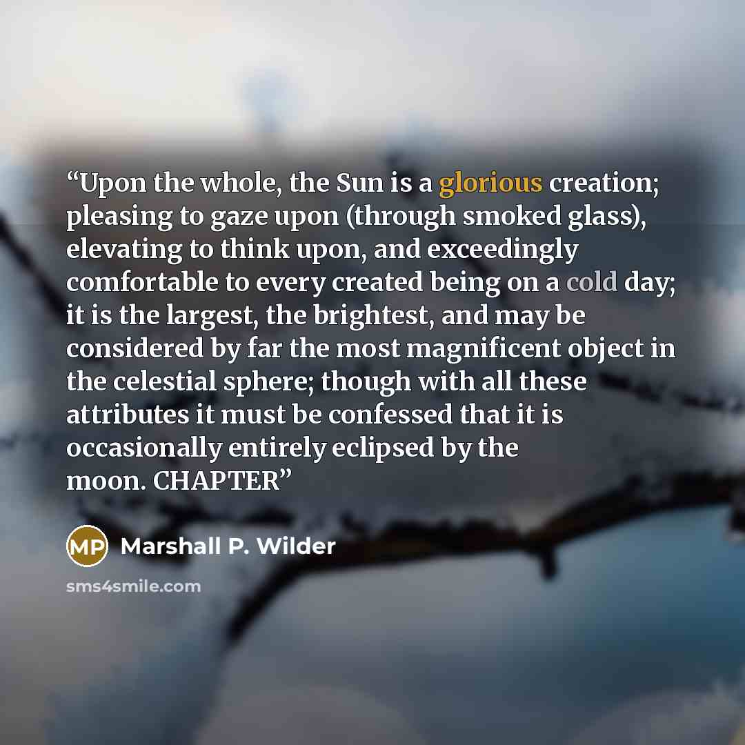 “Upon the whole, the Sun is a glorious creation; pleasing to gaze upon (through smoked glass), elevating to think upon, and exceedingly comfortable to every created being on a cold day; it is the largest, the brightest, and may be considered by far the most magnificent object in the celestial…” quote by Marshall P. Wilder