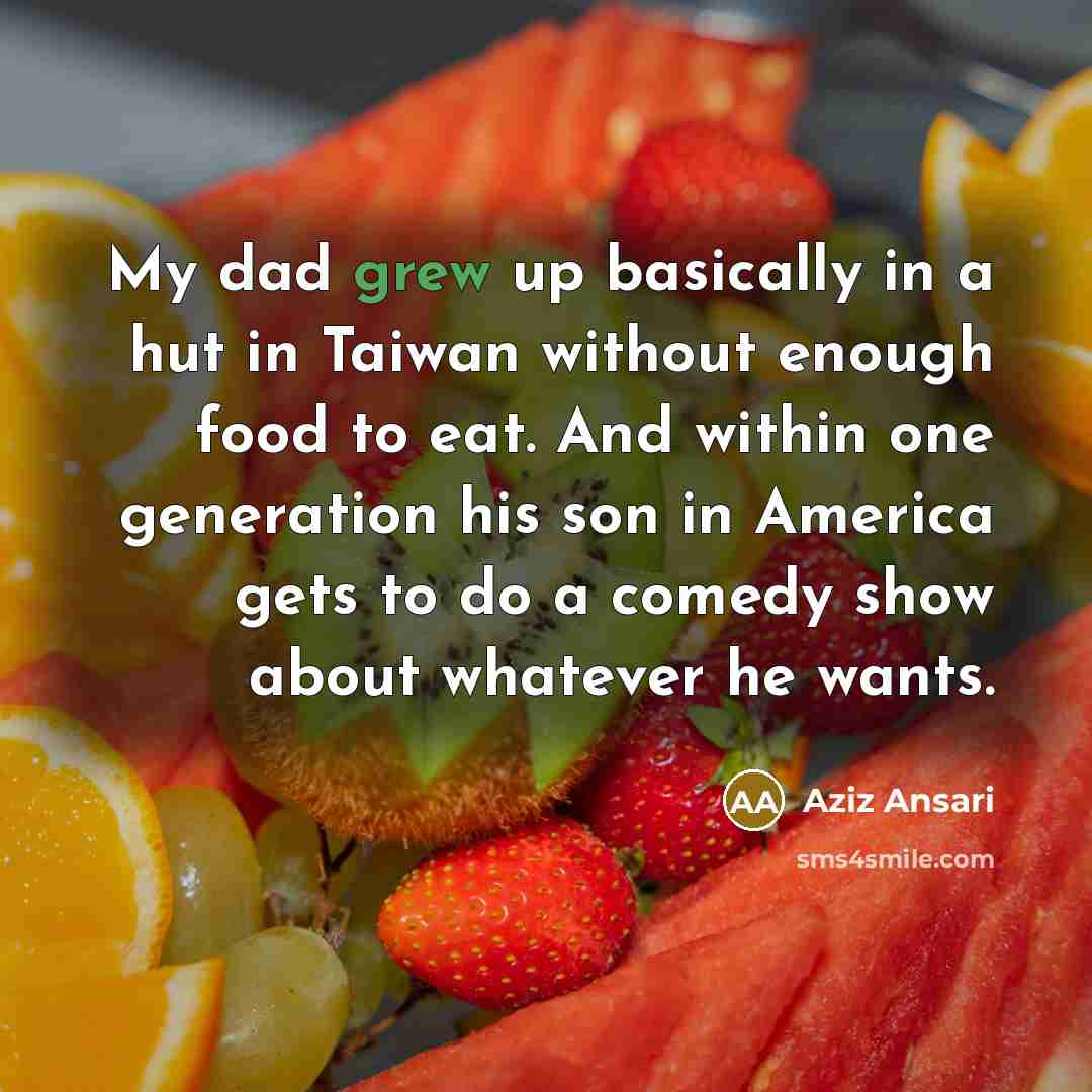 “My dad grew up basically in a hut in Taiwan…” quote by Aziz Ansari