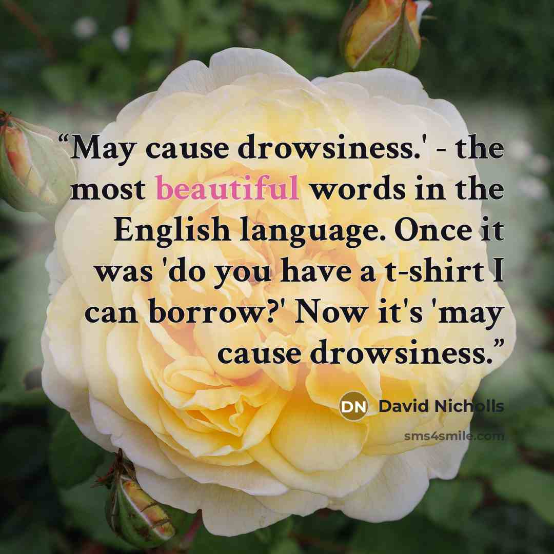 “May cause drowsiness.' - the most beautiful words in the English language. Once it was 'do you have a t-shirt I can borrow?' Now it's 'may cause drowsiness.” quote by David Nicholls