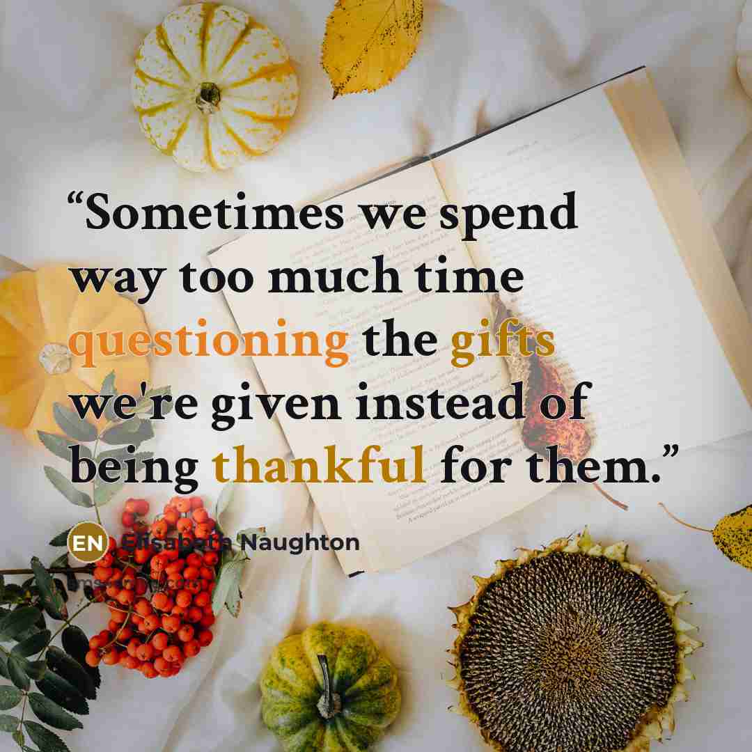 “Sometimes we spend way too much time questioning the gifts we're given instead of being thankful for them.” quote by Elisabeth Naughton