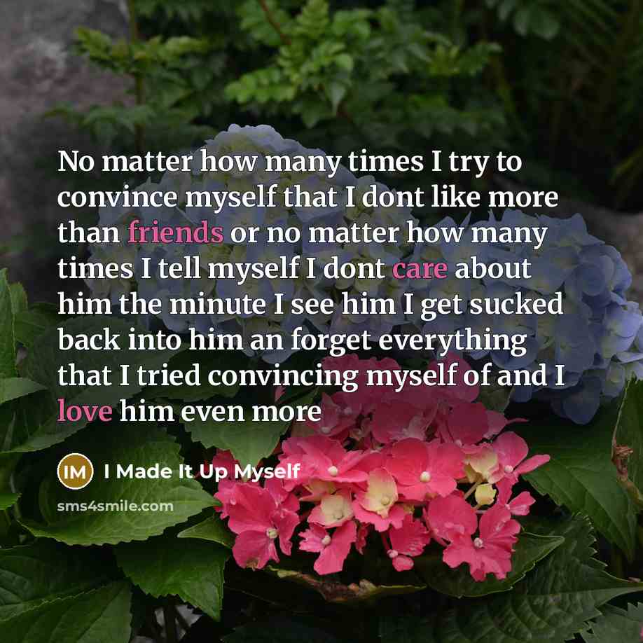 “No matter how many times I try to convince myself that I dont like more than friends or no matter how many times I tell myself I dont care about him the minute I see him I get sucked back into him an forget everything that I tried convincing myself of and I love him even more” quote by I Made It Up Myself