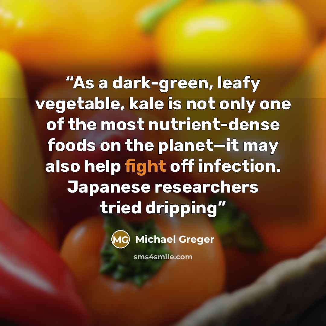 “As a dark-green, leafy vegetable, kale is not only one of the most nutrient-dense foods on the planet—it may also help fight off infection. Japanese researchers tried dripping” quote by Michael Greger