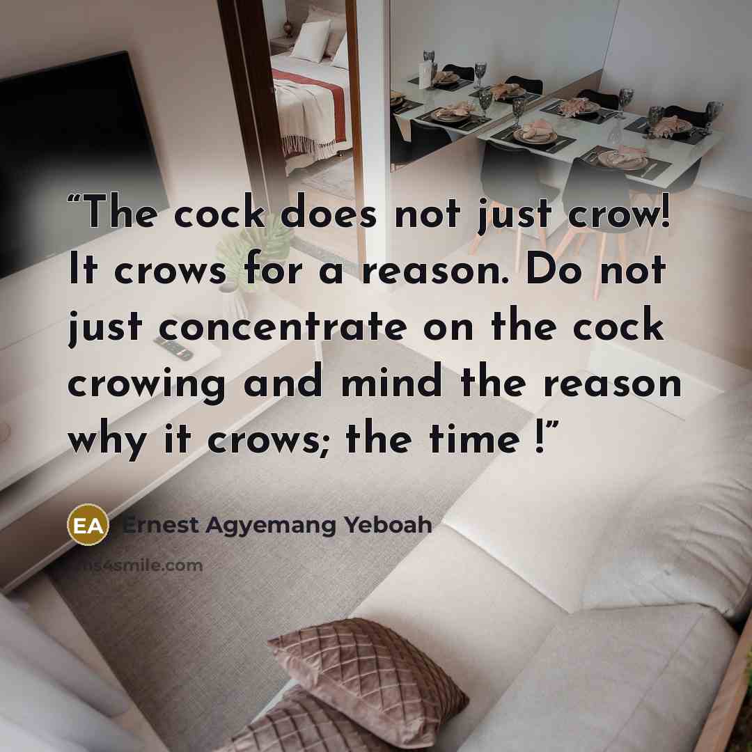 “The cock does not just crow! It crows for a reason. Do not just concentrate on the cock crowing and mind the reason why it crows; the time !” quote by Ernest Agyemang Yeboah