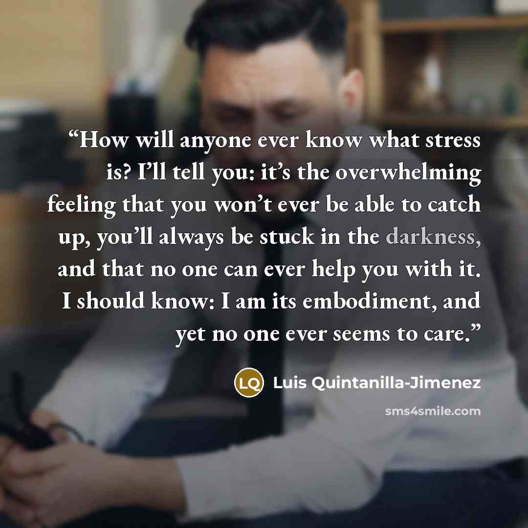 “How will anyone ever know what stress is? I’ll tell you: it’s the overwhelming feeling that you won’t ever be able to catch up, you’ll always be stuck in the darkness, and that no one can ever help you with it. I should know: I am its embodiment, and yet no one ever seems to care.” quote by Luis Quintanilla-Jimenez