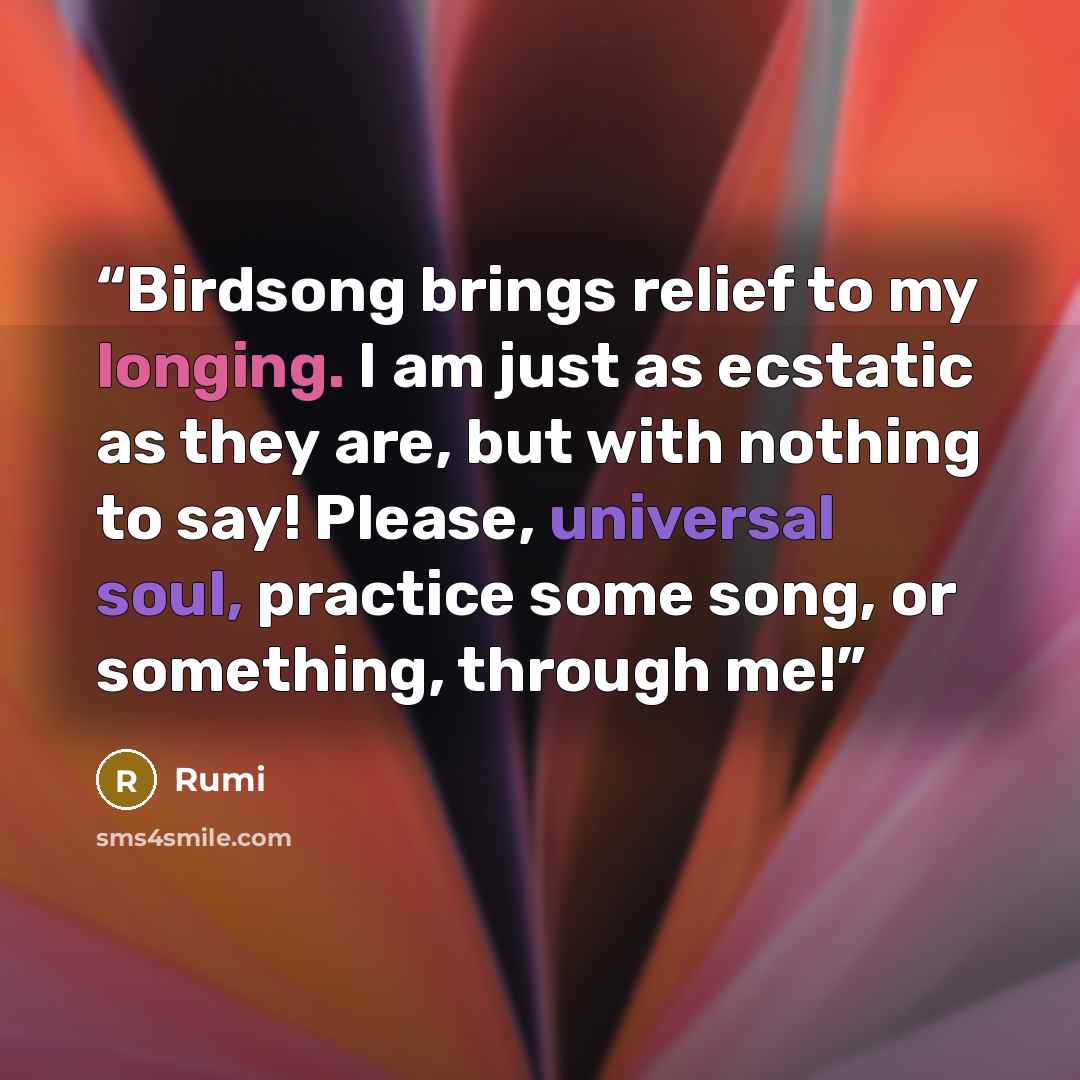 “Birdsong brings relief to my longing. I am just as ecstatic as they are, but with nothing to say! Please, universal soul, practice some song, or something, through me!” quote by Rumi