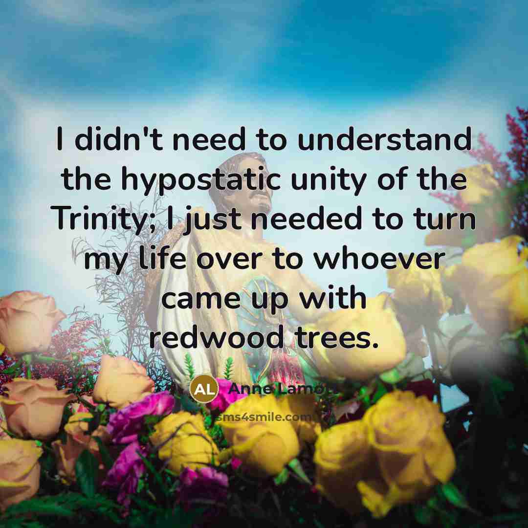 “I didn't need to understand the hypostatic unity of the Trinity; I just needed to turn my life over to whoever came up with redwood trees.” quote by Anne Lamott