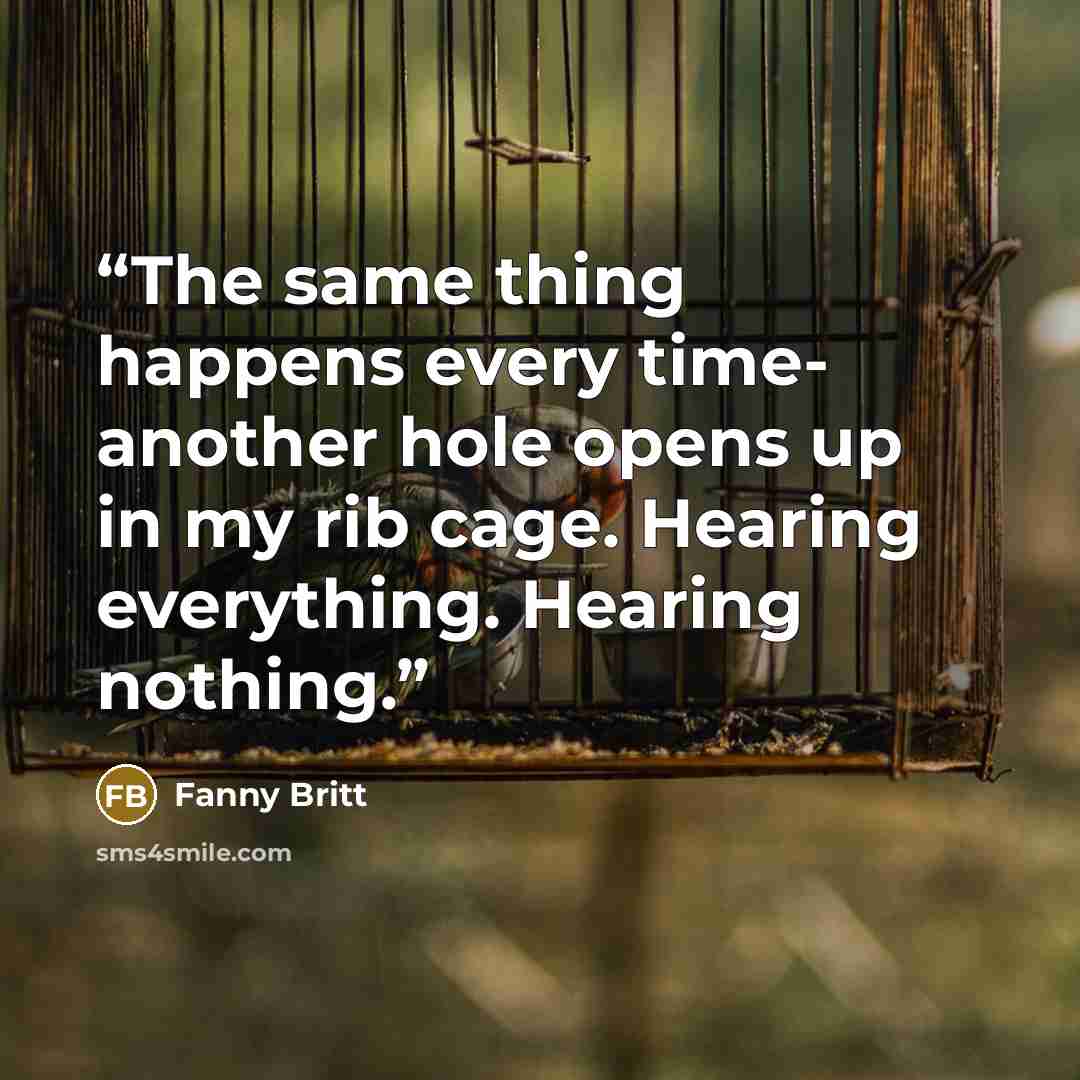 “The same thing happens every time- another hole opens up in my rib cage. Hearing everything. Hearing nothing.” quote by Fanny Britt