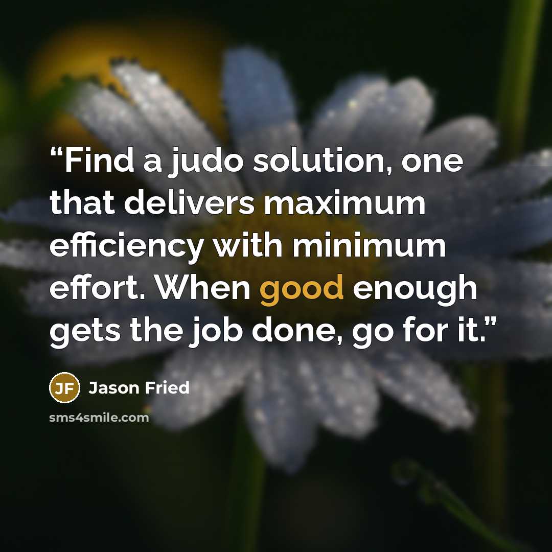 “Find a judo solution, one that delivers maximum efficiency with minimum effort. When good enough gets the job done, go for it.” quote by Jason Fried