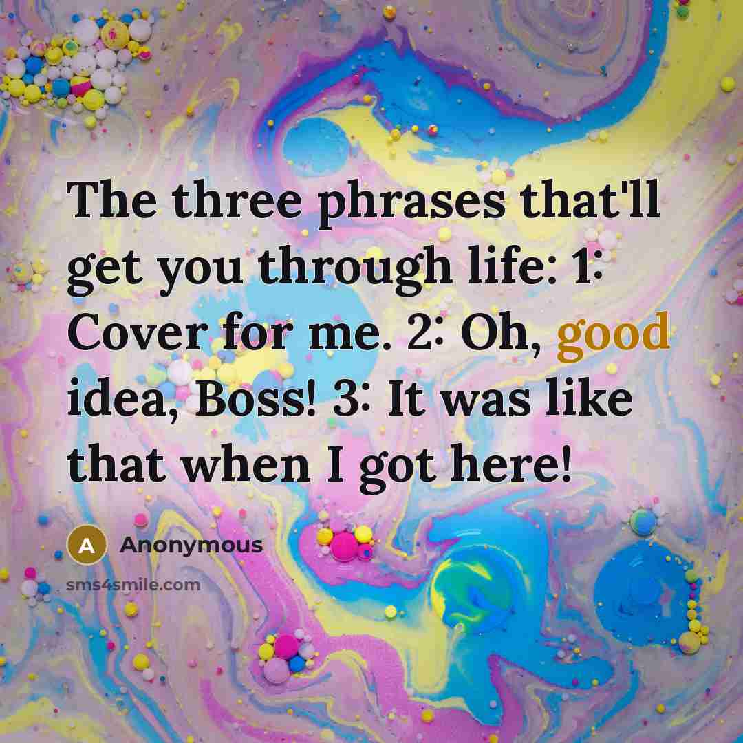 “The three phrases that'll get you through life: 1: Cover for me. 2: Oh, good idea, Boss! 3: It was like that when I got here!” quote by Anonymous