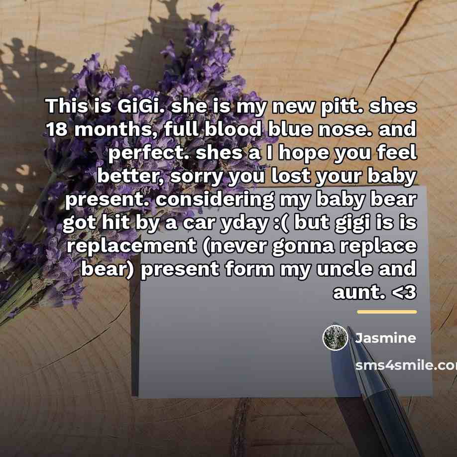 “This is GiGi. she is my new pitt. shes 18…” quote by Jasmine