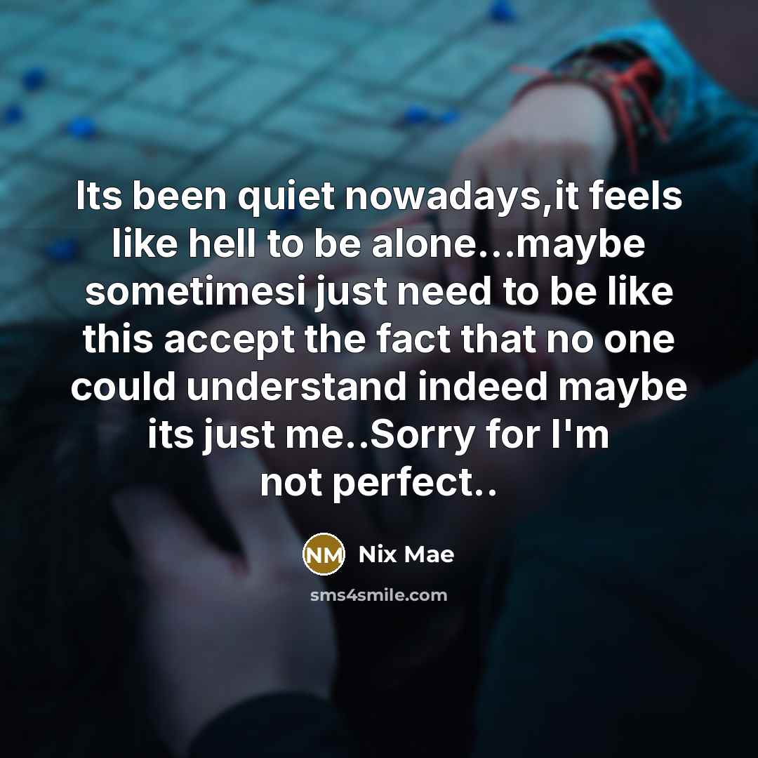 “Its been quiet nowadays,it feels like hell to be alone...maybe sometimesi just need to be like this accept the fact that no one could understand indeed maybe its just me..Sorry for I'm not perfect..” quote by Nix Mae