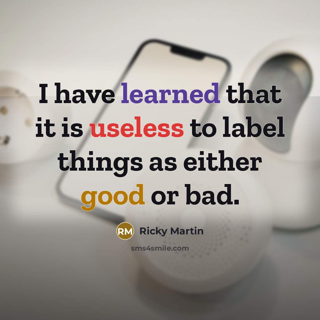 “I have learned that it is useless to label things as either good or bad.” quote by Ricky Martin