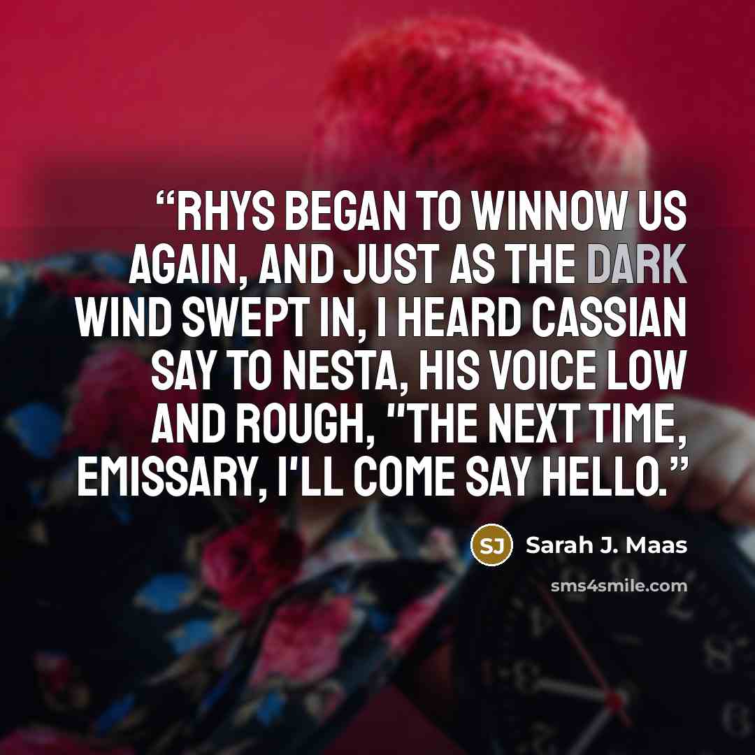 “Rhys began to winnow us again, and just as the dark wind swept in, I heard Cassian say to Nesta, his voice low and rough, "The next time, Emissary, I'll come say hello.” quote by Sarah J. Maas