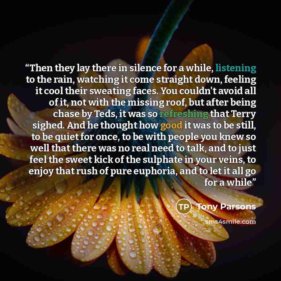 “Then they lay there in silence for a while, listening to the rain, watching it come straight down, feeling it cool their sweating faces. You couldn't avoid all of it, not with the missing roof, but after being chase by Teds, it was so refreshing that Terry sighed. And he thought how good it was to…” quote by Tony Parsons